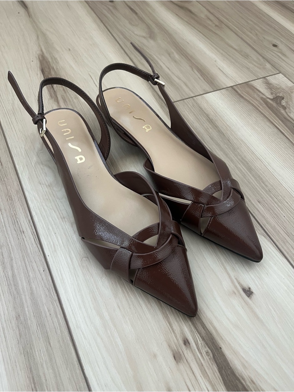 Unisa Dark Brown Pointed Slingback Flats with Woven Toe Neutrals Business Casual